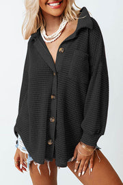 Black Waffle Knit Button Up Casual Shirt - Fashion Queen -  1