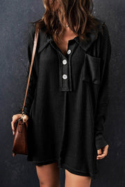 Black Waffle Knit Buttoned Long Sleeve Top - Fashion Queen -  1