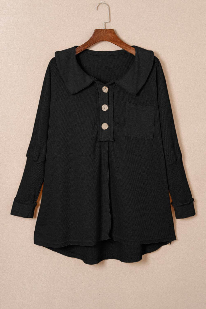 Black Waffle Knit Buttoned Long Sleeve Top - Fashion Queen -  10