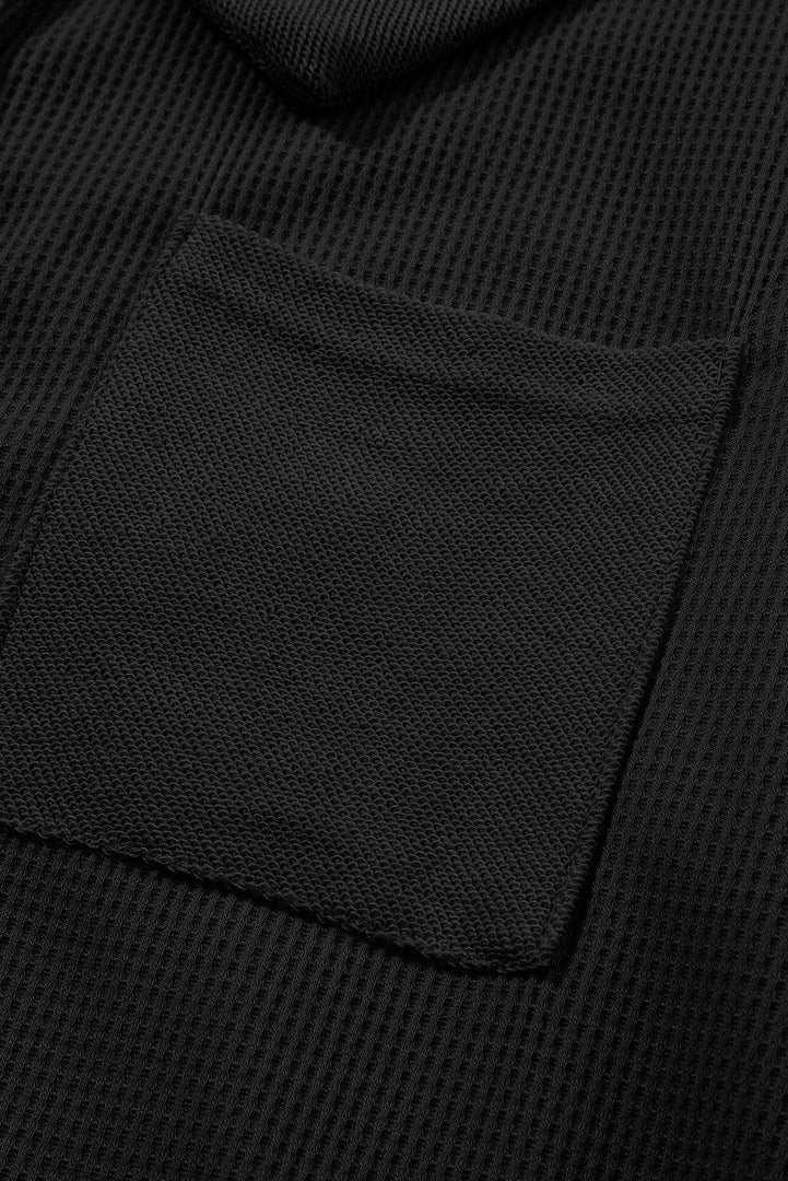 Black Waffle Knit Buttoned Long Sleeve Top - Fashion Queen -  13