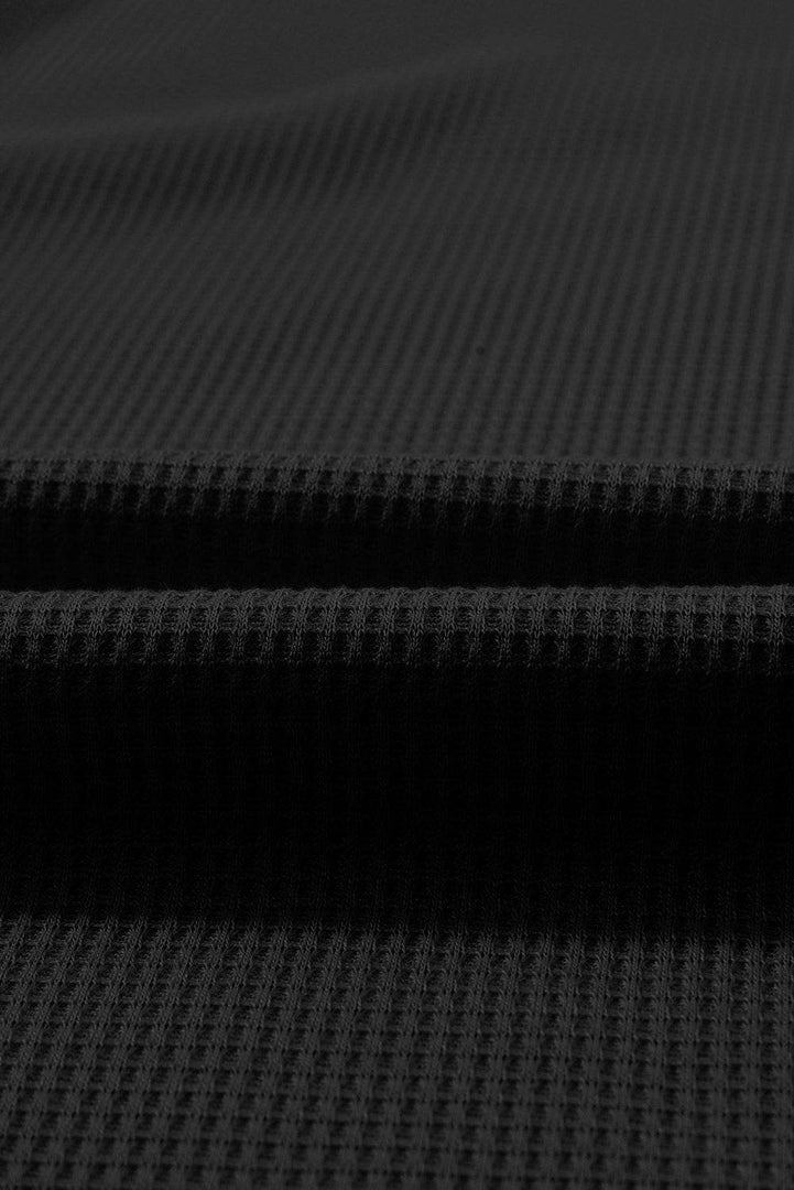 Black Waffle Knit Buttoned Long Sleeve Top - Fashion Queen -  16