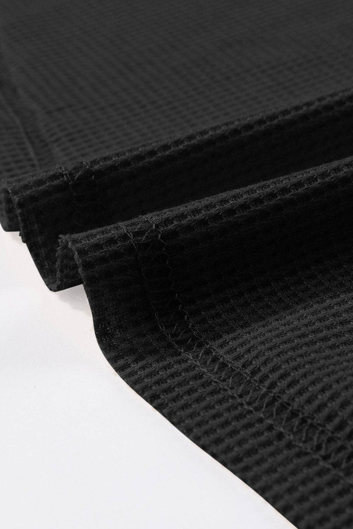 Black Waffle Knit Buttoned Long Sleeve Top - Fashion Queen -  17