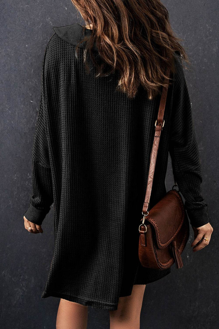 Black Waffle Knit Buttoned Long Sleeve Top - Fashion Queen -  2