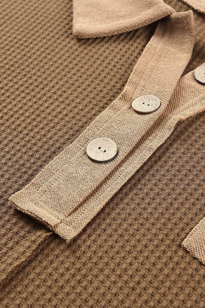 Black Waffle Knit Buttoned Long Sleeve Top - Fashion Queen -  25