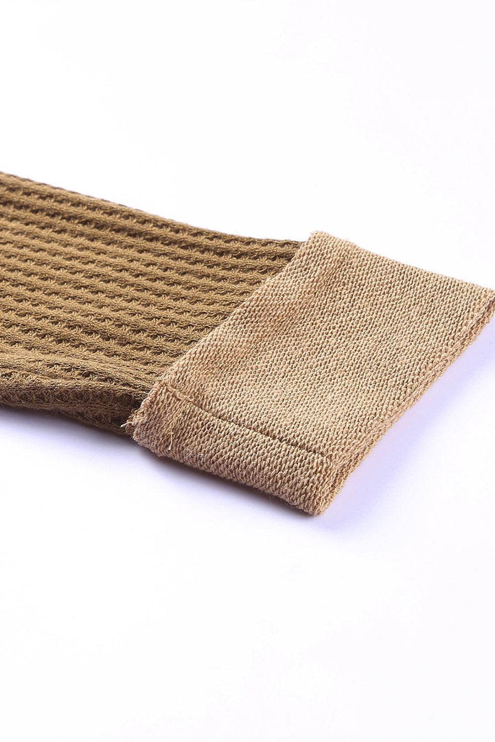 Black Waffle Knit Buttoned Long Sleeve Top - Fashion Queen -  27