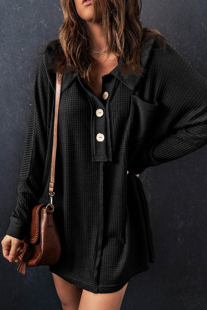 Black Waffle Knit Buttoned Long Sleeve Top - Fashion Queen -  8