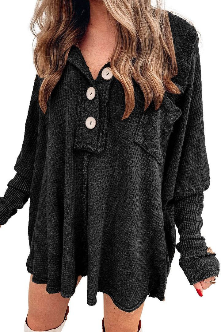 Black Waffle Knit Buttoned Long Sleeve Top - Fashion Queen -  9