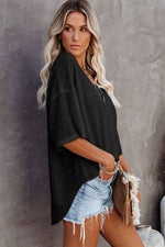 Load image into Gallery viewer, Black Waffle Knit Drop Shoulder Loose Top - Fashion Queen -  12
