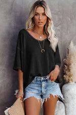 Load image into Gallery viewer, Black Waffle Knit Drop Shoulder Loose Top - Fashion Queen -  13
