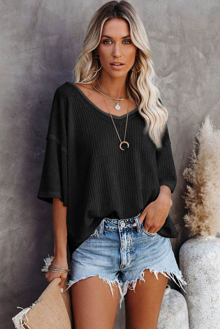 Black Waffle Knit Drop Shoulder Loose Top - Fashion Queen -  13