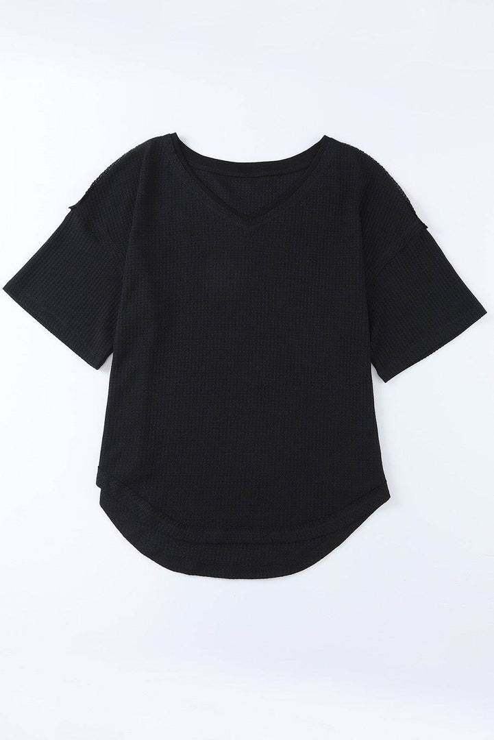Black Waffle Knit Drop Shoulder Loose Top - Fashion Queen -  15