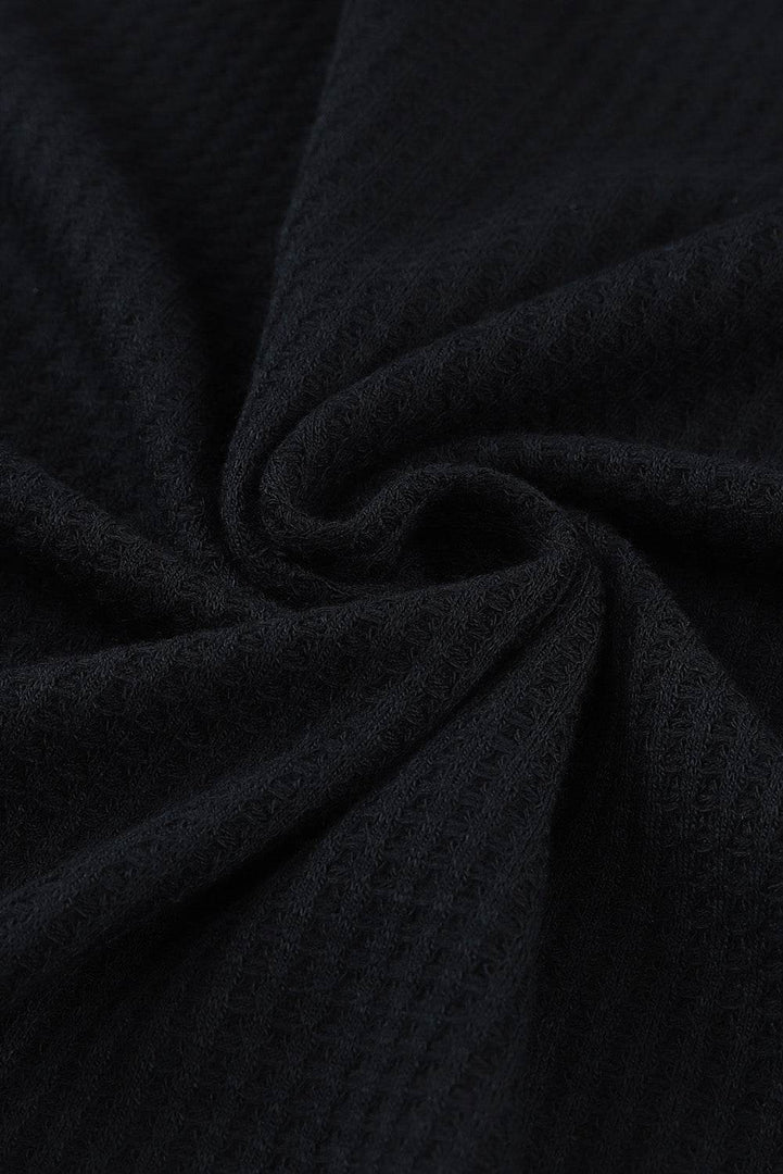 Black Waffle Knit Drop Shoulder Loose Top - Fashion Queen -  16