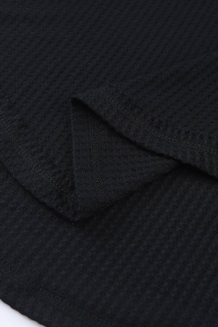 Black Waffle Knit Drop Shoulder Loose Top - Fashion Queen -  17