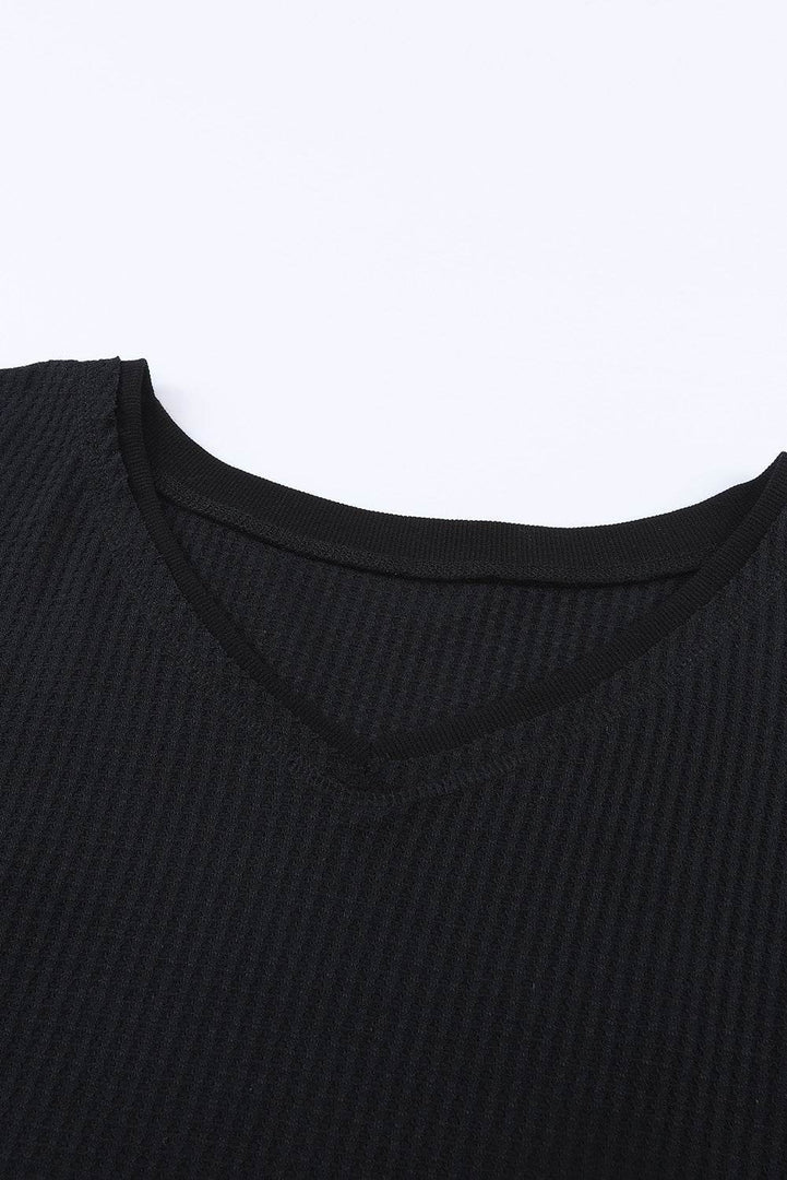 Black Waffle Knit Drop Shoulder Loose Top - Fashion Queen -  19