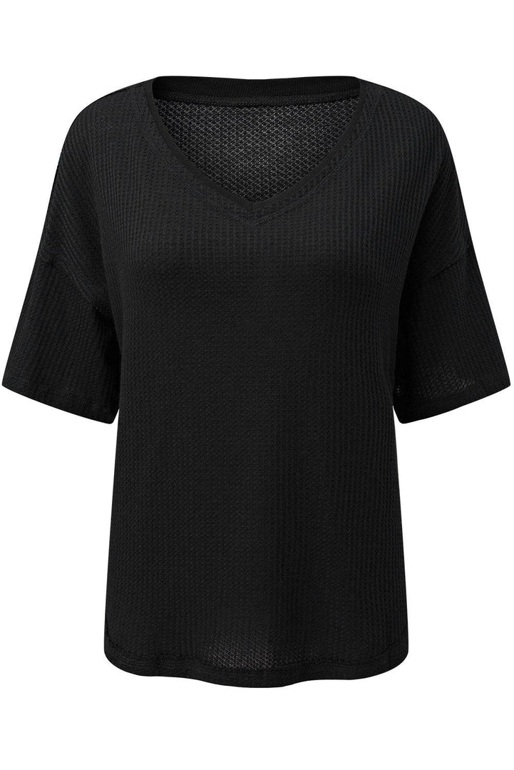 Black Waffle Knit Drop Shoulder Loose Top - Fashion Queen -  20