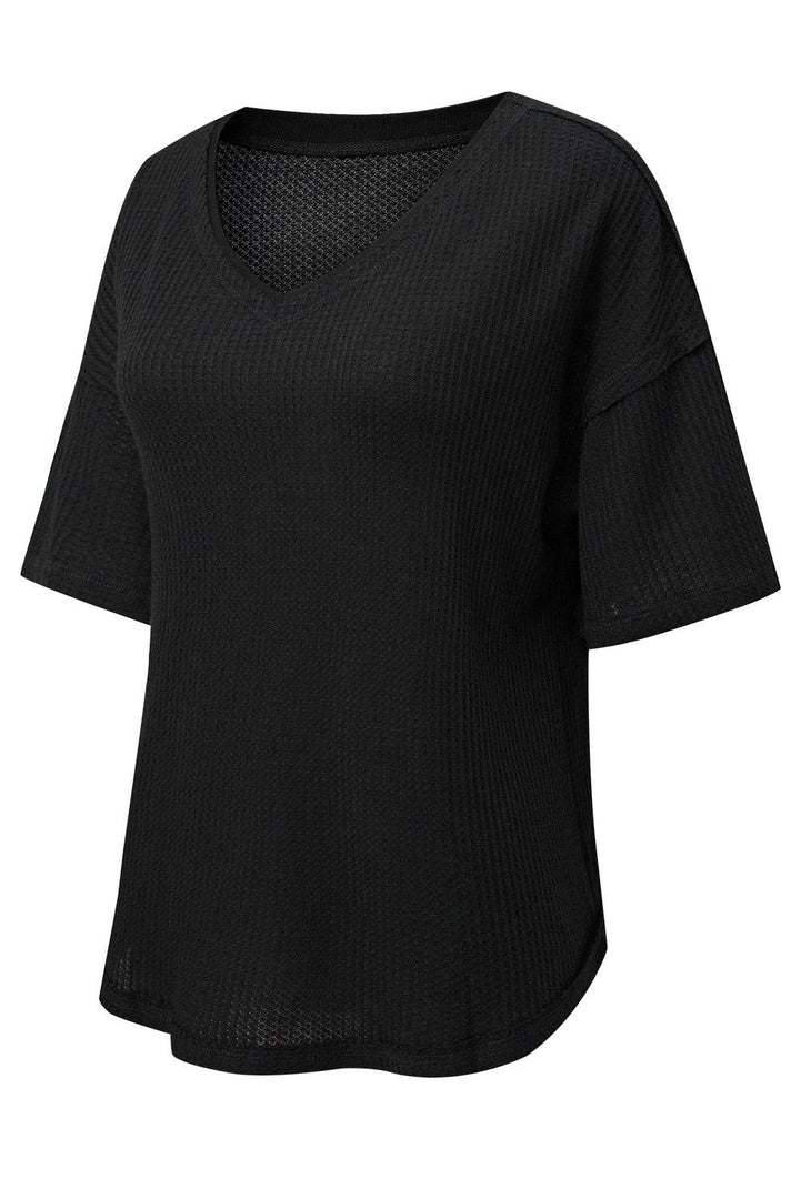 Black Waffle Knit Drop Shoulder Loose Top - Fashion Queen -  21