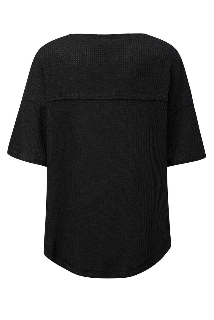 Black Waffle Knit Drop Shoulder Loose Top - Fashion Queen -  22