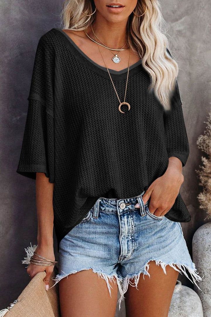 Black Waffle Knit Drop Shoulder Loose Top - Fashion Queen -  9