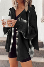 Load image into Gallery viewer, Black Waffle Knit Plaid Patchwork Drawstring Hooded Shacket - Fashion Queen -  1
