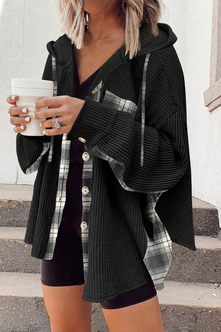 Black Waffle Knit Plaid Patchwork Drawstring Hooded Shacket - Fashion Queen -  1