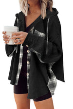 Load image into Gallery viewer, Black Waffle Knit Plaid Patchwork Drawstring Hooded Shacket - Fashion Queen -  3
