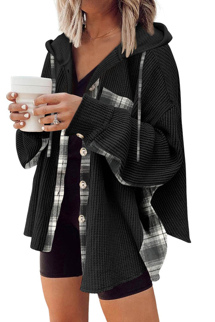 Black Waffle Knit Plaid Patchwork Drawstring Hooded Shacket - Fashion Queen -  3