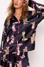 Load image into Gallery viewer, Black Western Cowgirl Boots Printed Satin Long Pajama Set - Fashion Queen -  3
