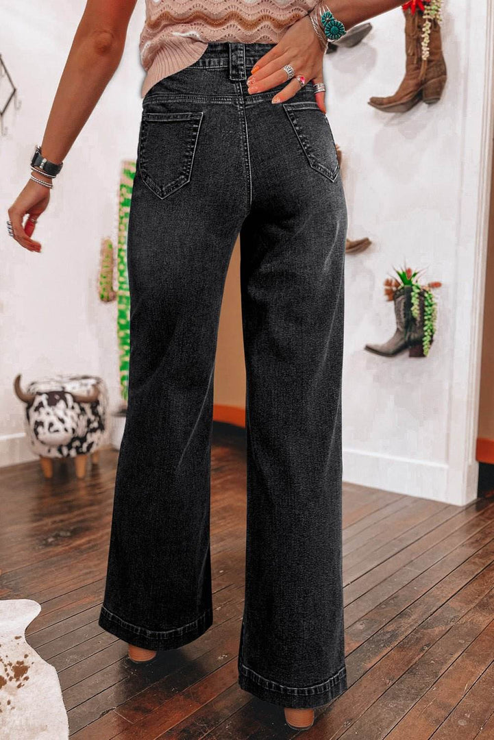 Black Wide Leg Pocketed High Waist Jeans - Fashion Queen -  2