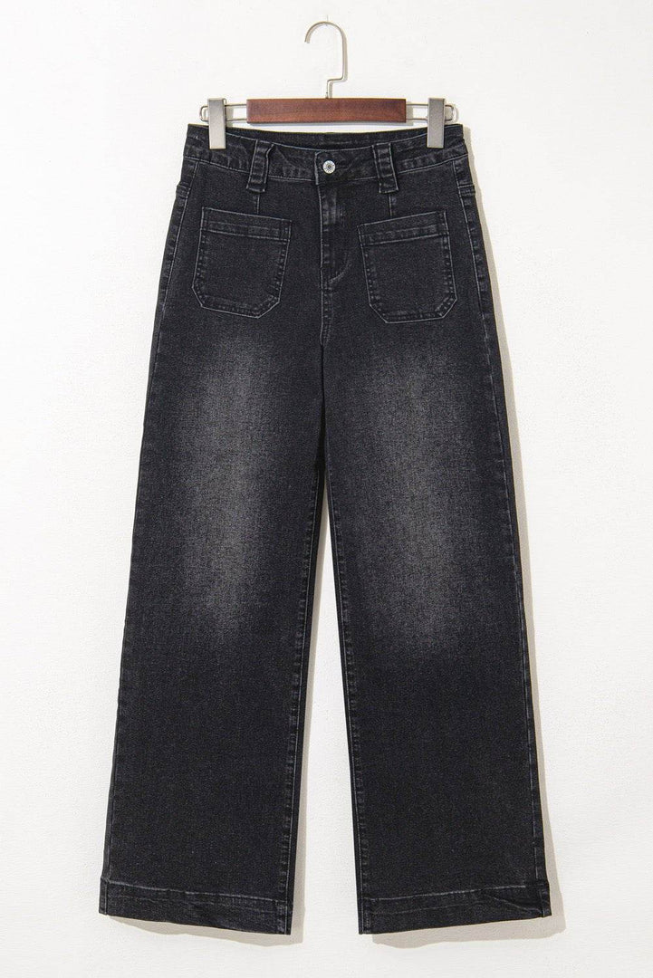 Black Wide Leg Pocketed High Waist Jeans - Fashion Queen -  4