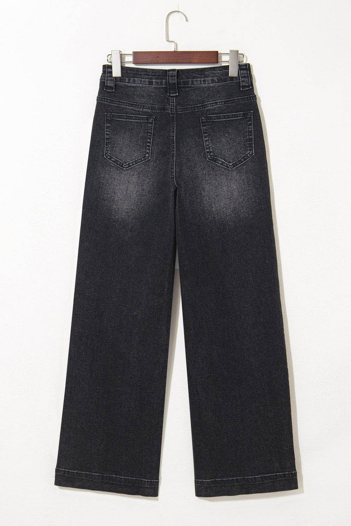 Black Wide Leg Pocketed High Waist Jeans - Fashion Queen -  5