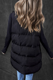 Black Windproof Longline Full Zipper Puffer Vest with Pockets - Fashion Queen -  2