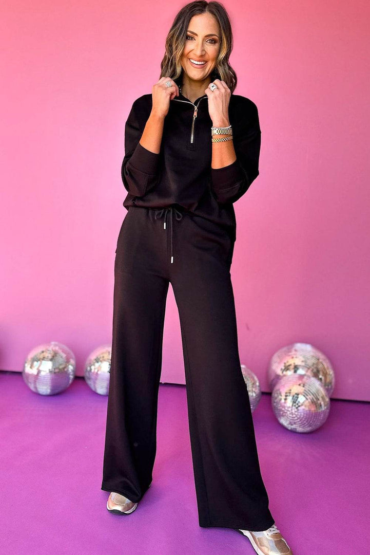 Black Zipper Stand Neck Top and Wide Leg Pants Set - Fashion Queen -  4