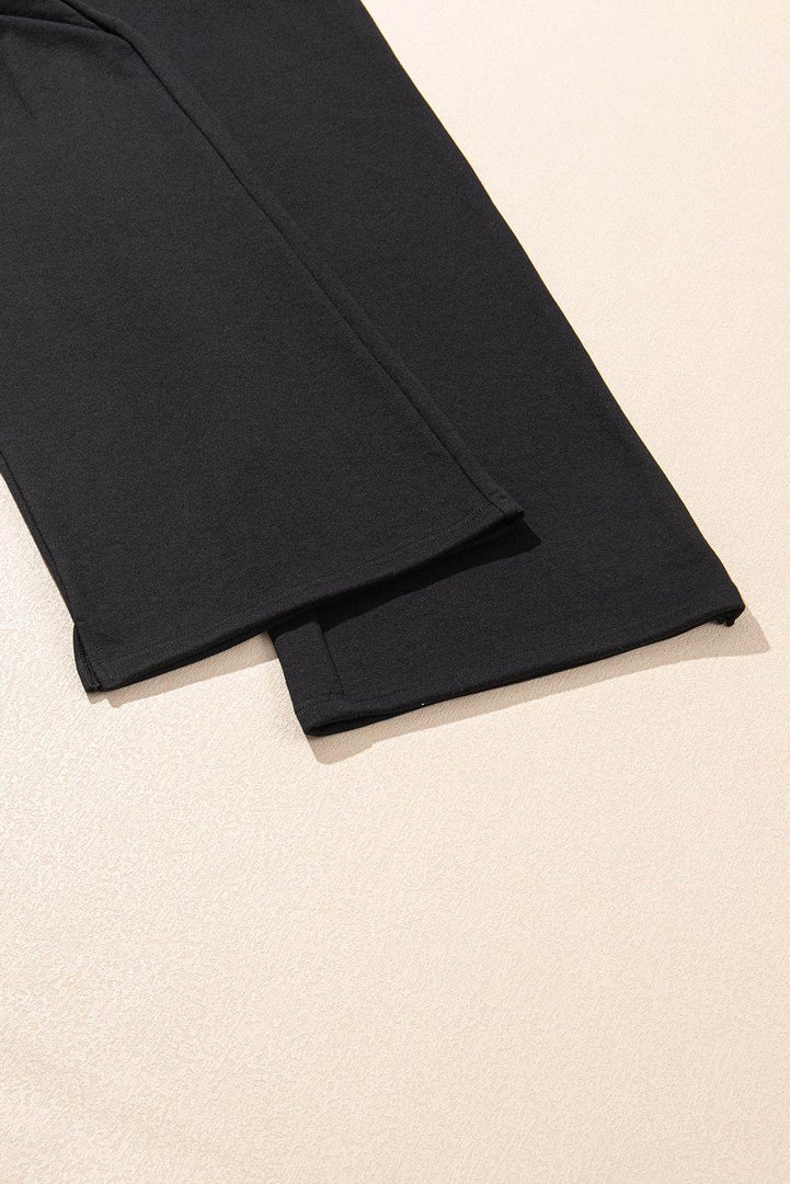 Black Zipper Stand Neck Top and Wide Leg Pants Set - Fashion Queen -  7