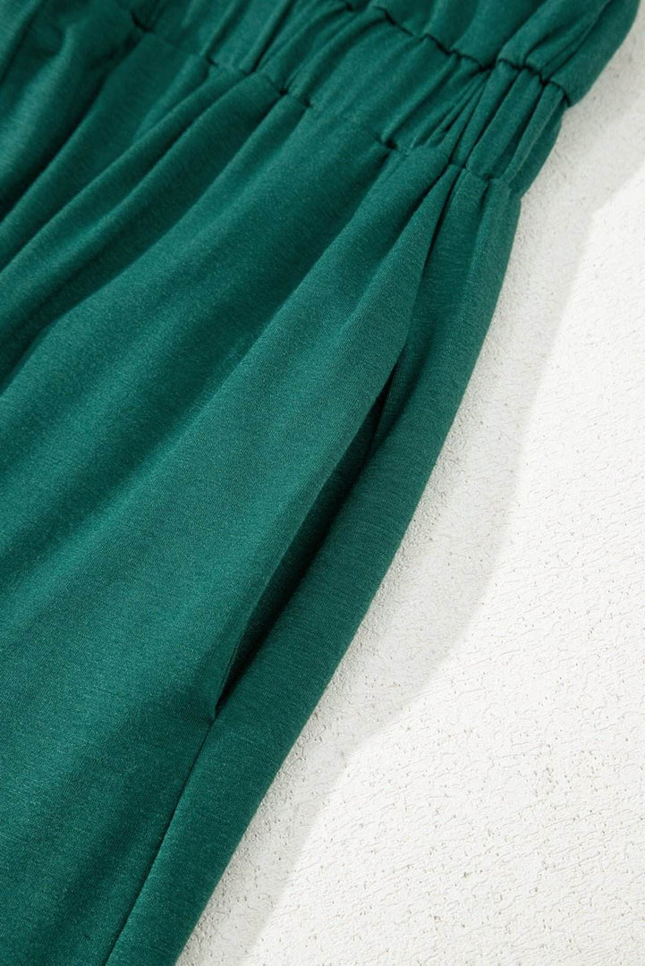Blackish Green Deep V Pleated Crisscross Wide Leg Backless Jumpsuit - Fashion Queen -  11