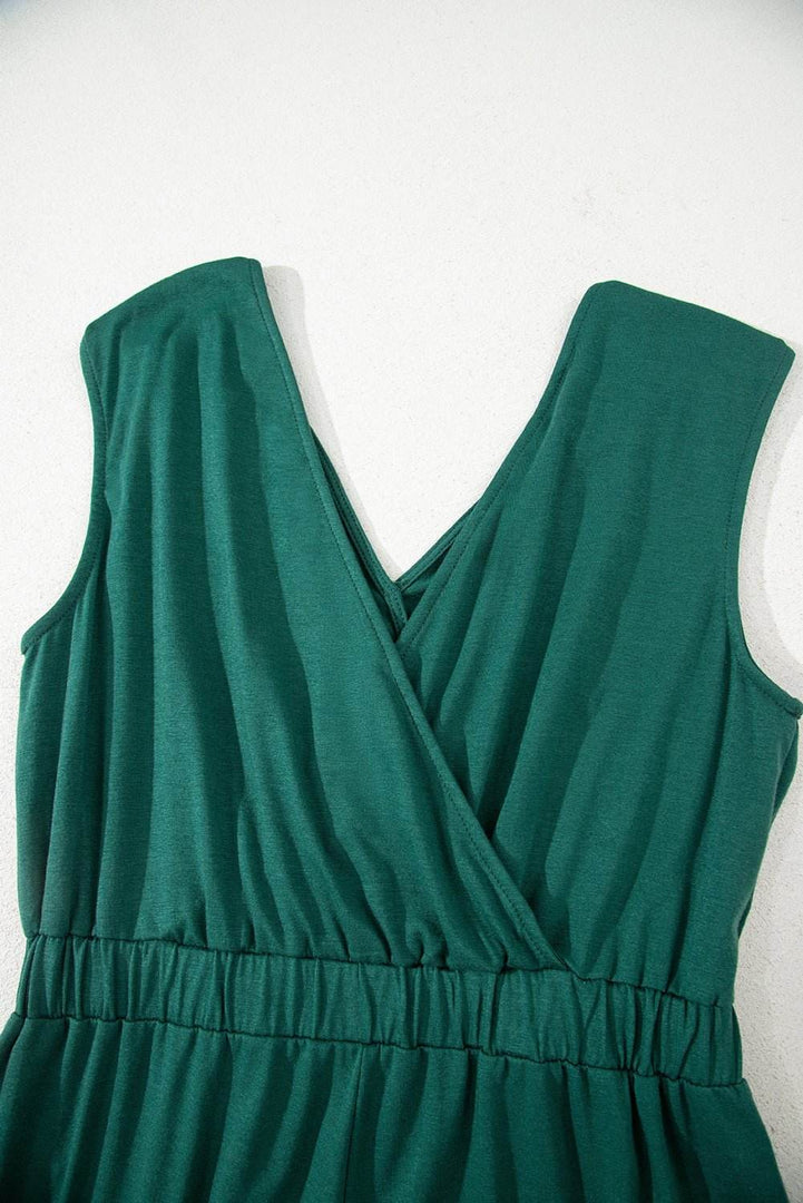Blackish Green Deep V Pleated Crisscross Wide Leg Backless Jumpsuit - Fashion Queen -  15