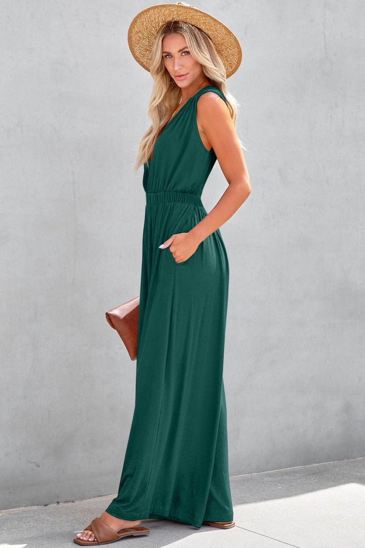 Blackish Green Deep V Pleated Crisscross Wide Leg Backless Jumpsuit - Fashion Queen -  3
