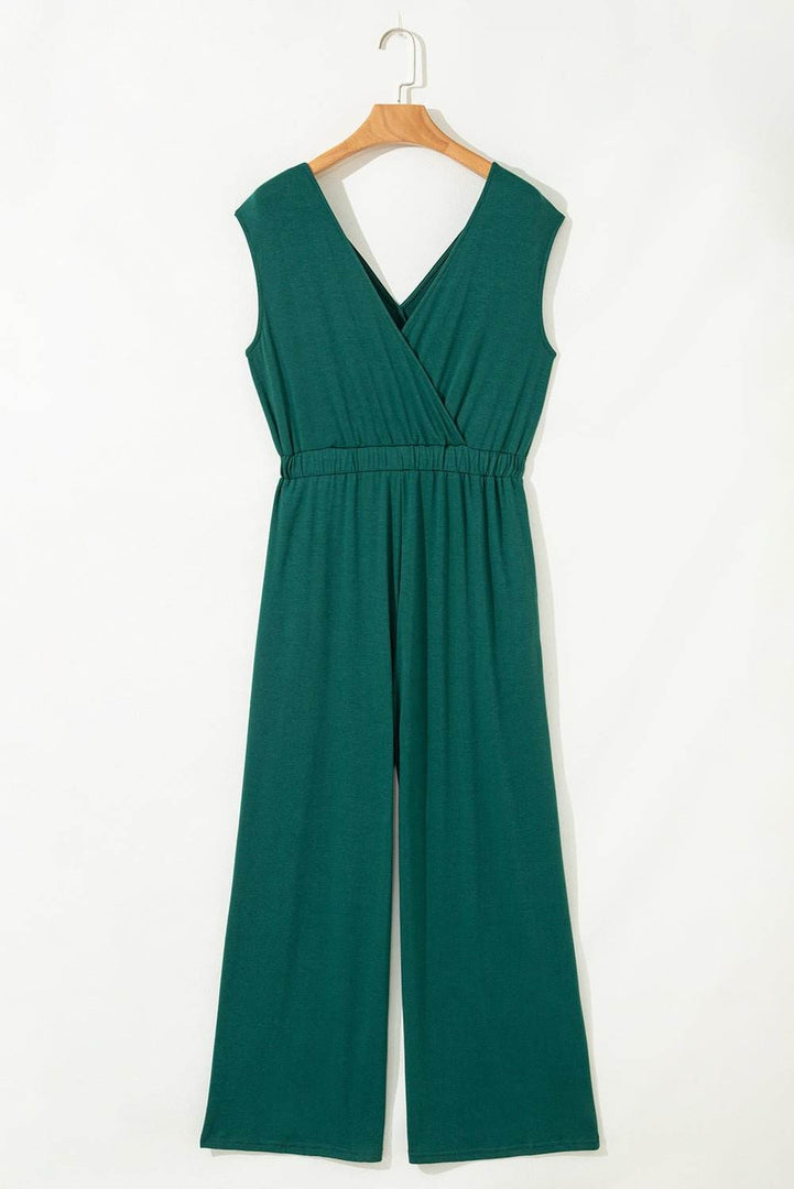 Blackish Green Deep V Pleated Crisscross Wide Leg Backless Jumpsuit - Fashion Queen -  5