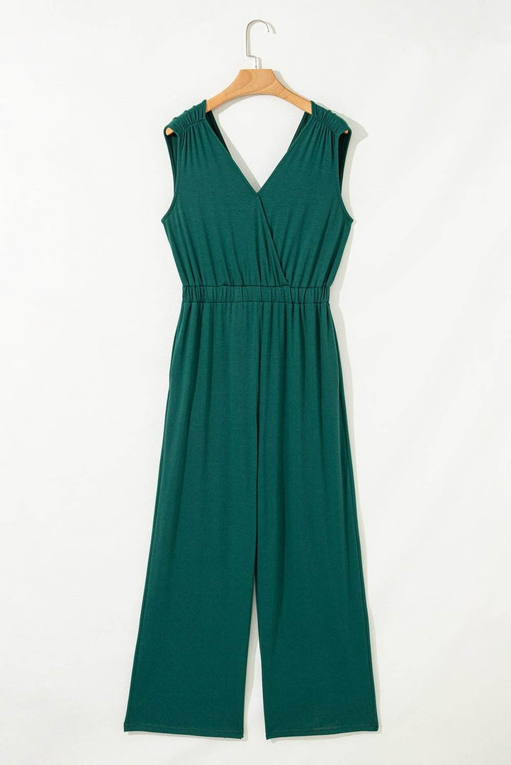 Blackish Green Deep V Pleated Crisscross Wide Leg Backless Jumpsuit - Fashion Queen -  6