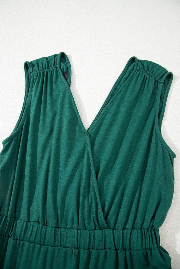 Blackish Green Deep V Pleated Crisscross Wide Leg Backless Jumpsuit - Fashion Queen -  7
