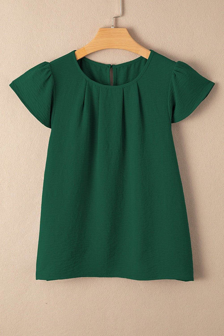 Blackish Green Flounce Sleeve Pleated Textured Blouse - Fashion Queen -  10
