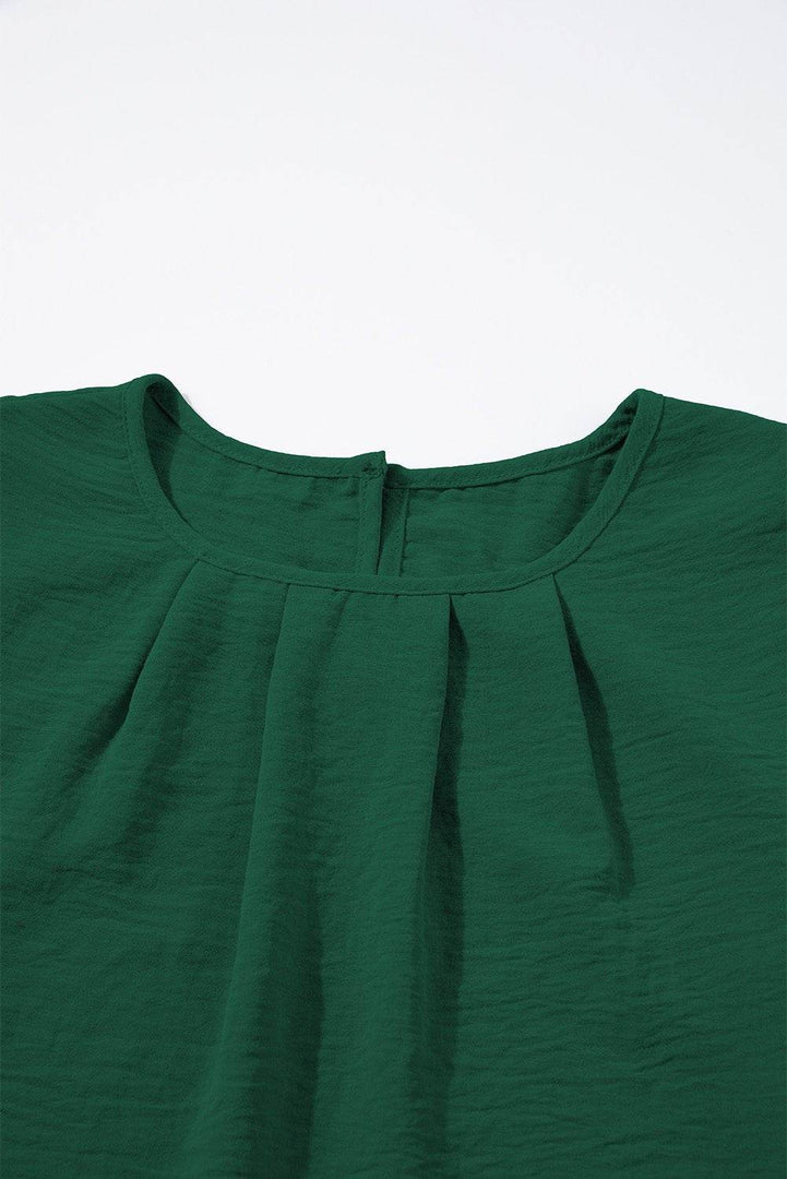 Blackish Green Flounce Sleeve Pleated Textured Blouse - Fashion Queen -  11