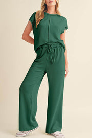 Blackish Green Solid Color Corded Short Sleeve Top and Casual Pants Set - Fashion Queen -  1