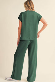 Blackish Green Solid Color Corded Short Sleeve Top and Casual Pants Set - Fashion Queen -  2