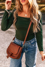 Load image into Gallery viewer, Blackish Green Solid Color Square Neck Long Sleeve Slim Fit Bodysuit - Fashion Queen -  5
