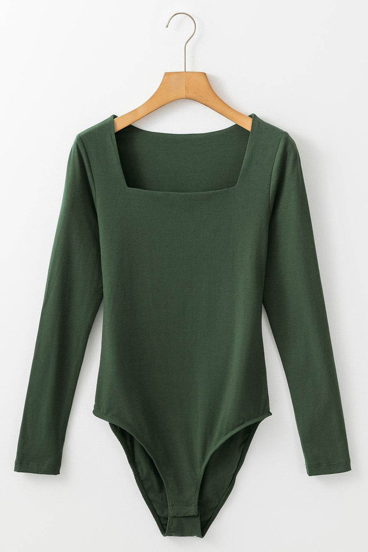 Blackish Green Solid Color Square Neck Long Sleeve Slim Fit Bodysuit - Fashion Queen -  6