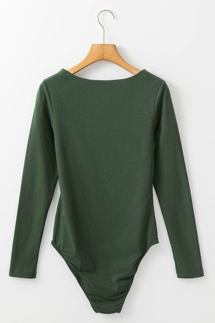 Blackish Green Solid Color Square Neck Long Sleeve Slim Fit Bodysuit - Fashion Queen -  7