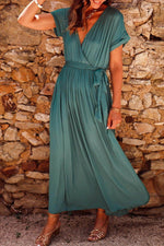 Load image into Gallery viewer, Blackish Green Solid Color V Neck Wrap Pleated Short Sleeve Maxi Dress - Fashion Queen -  1
