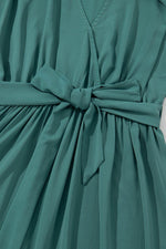 Load image into Gallery viewer, Blackish Green Solid Color V Neck Wrap Pleated Short Sleeve Maxi Dress - Fashion Queen -  12
