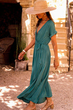 Load image into Gallery viewer, Blackish Green Solid Color V Neck Wrap Pleated Short Sleeve Maxi Dress - Fashion Queen -  3
