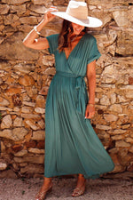 Load image into Gallery viewer, Blackish Green Solid Color V Neck Wrap Pleated Short Sleeve Maxi Dress - Fashion Queen -  4
